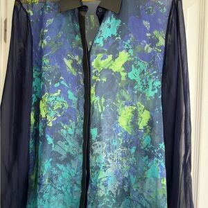 Elie Tahari Women's Lambs Leather Trim Sheer Silk Blouse